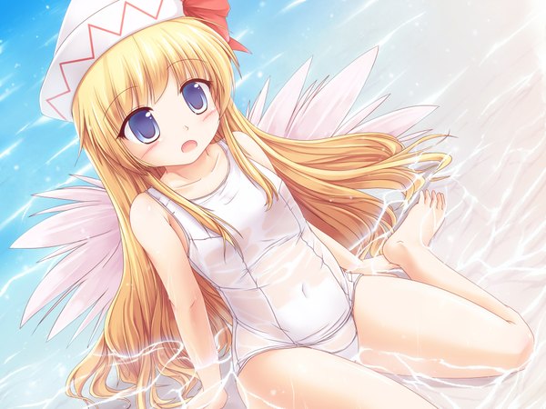 Anime picture 2000x1500 with touhou lily white lzh single long hair blush highres open mouth blue eyes light erotic blonde hair sitting barefoot wet wariza girl uniform swimsuit school uniform hat