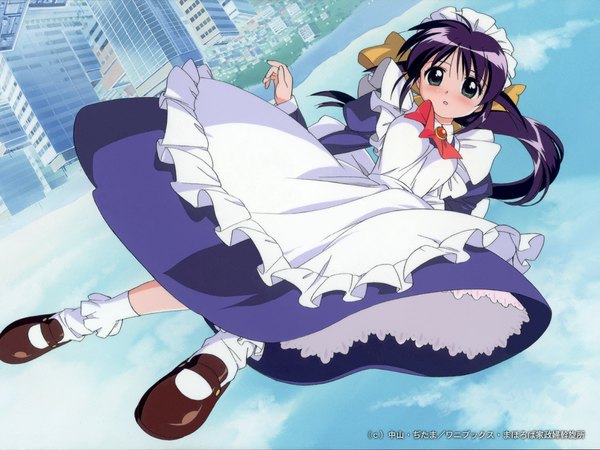 Anime picture 1024x768 with mahoromatic andou mahoro takamura kazuhiro single long hair blush fringe hair between eyes blue hair sky cloud (clouds) full body parted lips arm up scan maid grey eyes city cityscape upside down