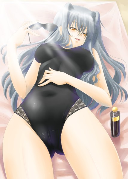Anime picture 1000x1400 with mahou shoujo lyrical nanoha mahou shoujo lyrical nanoha strikers uno ayato single long hair tall image open mouth light erotic yellow eyes silver hair lying sunglasses removed girl swimsuit sunglasses
