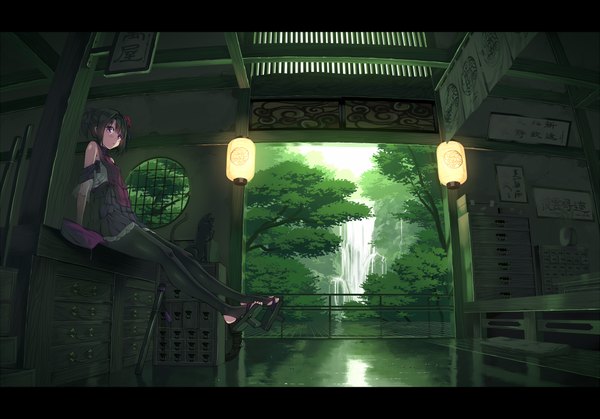 Anime picture 1000x699 with original garnet (artist) single looking at viewer blush fringe short hair black hair hair between eyes sitting purple eyes bare shoulders full body ponytail indoors traditional clothes japanese clothes hair flower from below short sleeves