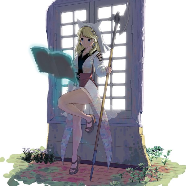 Anime picture 1000x1000 with original masao single long hair blue eyes blonde hair white background reading girl dress flower (flowers) plant (plants) window book (books) sandals polearm