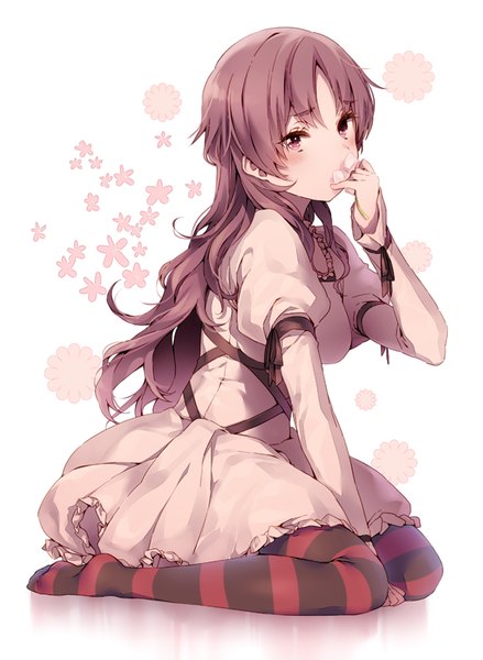 Anime picture 600x819 with mirai nikki uryuu minene dsmile single long hair tall image looking at viewer blush brown hair sitting brown eyes no shoes puffy sleeves wariza sniffing girl thighhighs dress striped thighhighs
