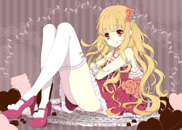 Anime picture 1500x1071 with original nono (emem0421) single long hair light erotic blonde hair red eyes hair flower girl thighhighs dress hair ornament flower (flowers) white thighhighs food shoes heart sweets rose (roses) chocolate