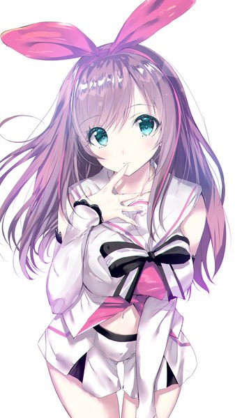 Anime picture 1080x1920 with virtual youtuber a.i. channel kizuna ai noto kurumi single long hair tall image looking at viewer fringe simple background brown hair white background multicolored hair aqua eyes from above two-tone hair streaked hair finger to mouth girl bow