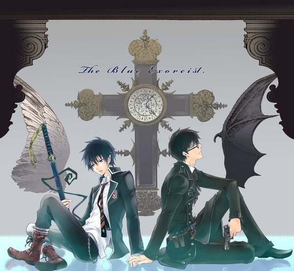 Anime picture 2000x1842 with ao no exorcist a-1 pictures okumura rin okumura yukio highres short hair blue eyes black hair sitting blue hair tail pointy ears inscription angel wings siblings bat wings brothers boy shirt sword