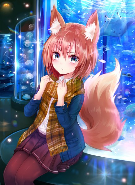 Anime picture 1000x1375 with original suke single tall image looking at viewer fringe short hair blue eyes hair between eyes brown hair sitting animal ears indoors tail animal tail pleated skirt open clothes sparkle fox ears lens flare
