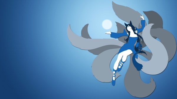 Anime picture 1920x1080 with league of legends ahri (league of legends) single long hair highres black hair simple background wide image animal ears wallpaper fox tail blue background multiple tails girl ball