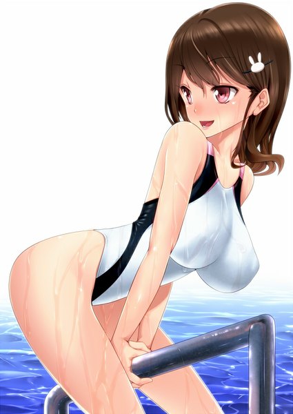 Anime picture 620x876 with original amasora taichi single tall image blush fringe short hair breasts open mouth light erotic brown hair large breasts bare shoulders looking away pink eyes bare legs wet leaning erect nipples leaning forward
