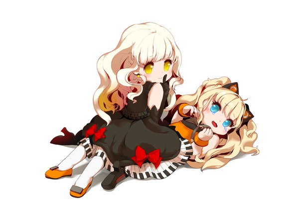 Anime picture 1700x1203 with vocaloid seeu mayu (vocaloid) kimjae737 long hair blush open mouth blue eyes blonde hair simple background white background multiple girls animal ears yellow eyes cat ears tears chibi girl dress bow