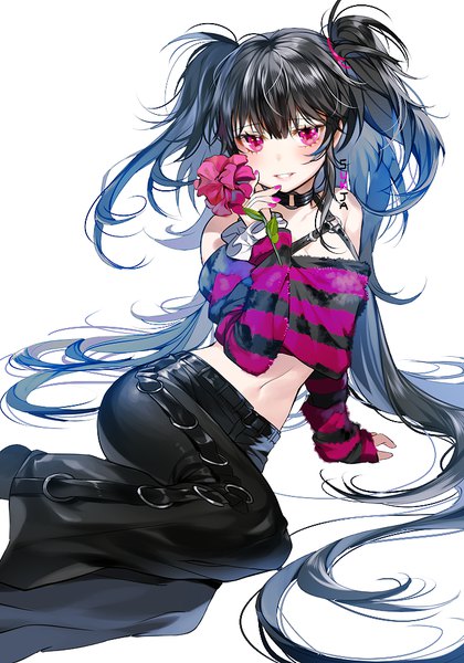 Anime-Bild 700x1000 mit original sorolp single tall image looking at viewer blush fringe black hair simple background smile white background sitting twintails bare shoulders blunt bangs long sleeves very long hair nail polish pink eyes off shoulder