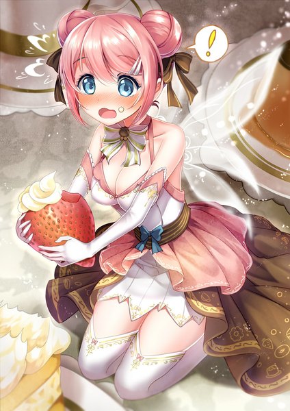 Anime picture 800x1131 with bison cangshu single tall image blush short hair open mouth blue eyes pink hair hair bun (hair buns) kneeling fantasy minigirl fairy ! girl dress gloves ribbon (ribbons) hair ribbon wings