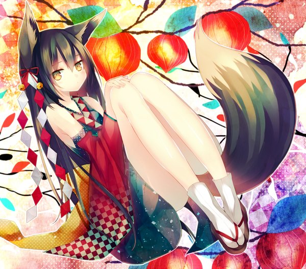 Anime picture 1500x1321 with original abandon ranka single long hair looking at viewer blush brown hair sitting animal ears yellow eyes tail traditional clothes japanese clothes animal tail fox ears fox tail convenient leg girl hair ornament detached sleeves