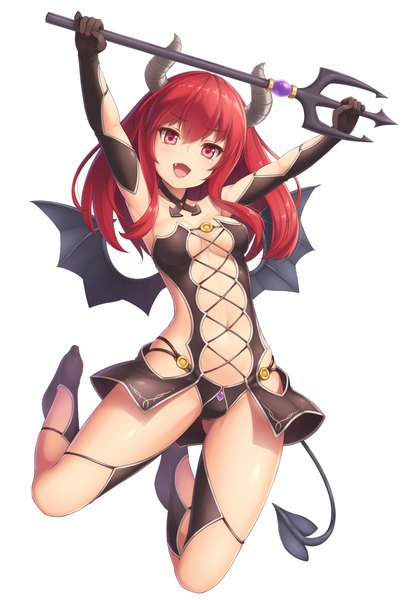 Anime picture 800x1180 with original sasaame single long hair tall image looking at viewer breasts open mouth light erotic simple background red eyes white background red hair tail horn (horns) girl navel underwear panties wings