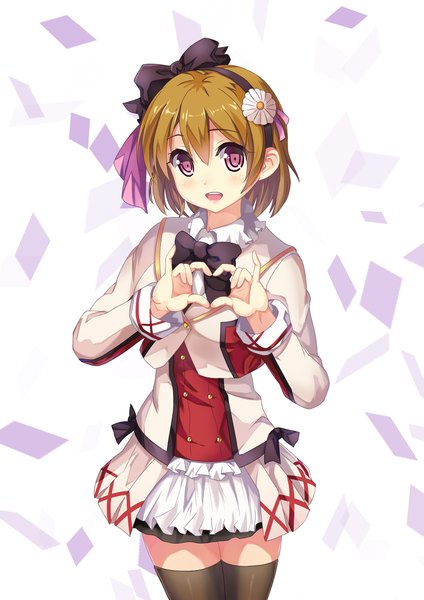 Anime picture 1639x2318 with love live! school idol project sunrise (studio) love live! koizumi hanayo dance of eternity single tall image looking at viewer short hair brown hair purple eyes heart hands girl thighhighs dress hair ornament bow black thighhighs hair bow bowtie