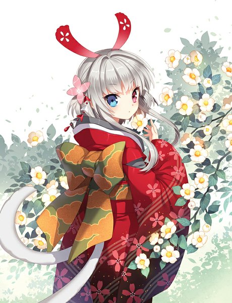 Anime picture 614x800 with original nardack single long hair tall image looking at viewer white background silver hair traditional clothes japanese clothes heterochromia girl flower (flowers) bow kimono camellia (flower)