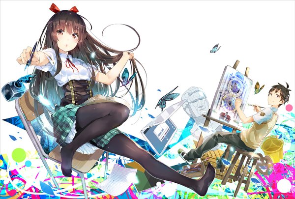 Anime picture 1035x700 with original yuugen long hair looking at viewer blush short hair open mouth brown hair sitting brown eyes ahoge looking back :o no shoes legs outstretched arm painting girl boy skirt