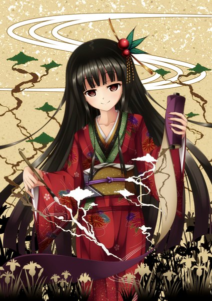 Anime picture 2480x3507 with original jk-ff single long hair tall image looking at viewer highres black hair smile red eyes traditional clothes japanese clothes girl hair ornament kimono obi scroll
