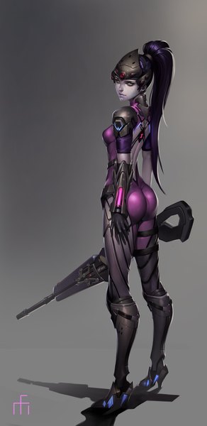 Anime picture 2141x4389 with overwatch blizzard entertainment widowmaker (overwatch) midfinger22 single long hair tall image looking at viewer highres breasts light erotic simple background yellow eyes purple hair ass ponytail lips grey background lipstick girl