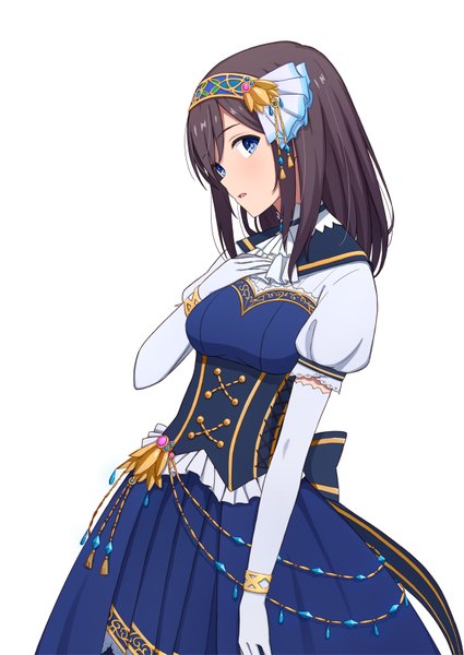 Anime picture 1158x1633 with idolmaster idolmaster cinderella girls idolmaster cinderella girls starlight stage sagisawa fumika yahiro (epicopeiidae) single long hair tall image looking at viewer blue eyes black hair simple background white background parted lips hand on chest lacing bright memories girl dress gloves