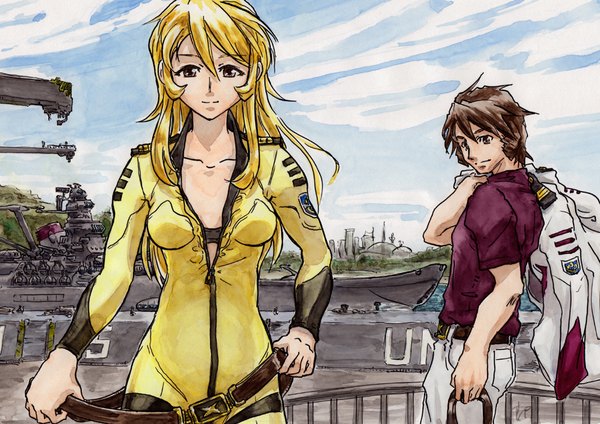 Anime picture 1020x722 with uchuu senkan yamato yuki mori kodai susumu yamato (uchuu senkan yamato) supe (yuusyasupepen) long hair looking at viewer short hair breasts light erotic blonde hair brown hair brown eyes sky cleavage cloud (clouds) light smile open clothes short sleeves couple