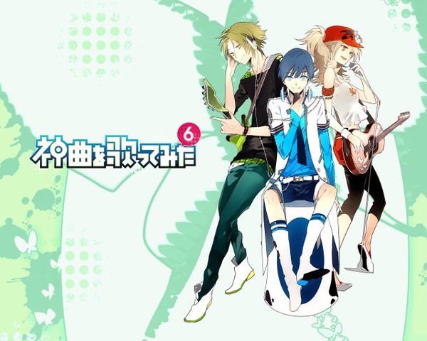 Anime picture 1280x1024 with nico nico singer suou long hair short hair blue eyes simple background blonde hair smile standing sitting yellow eyes blue hair light smile open clothes open jacket multiple boys orange eyes back to back girl boy