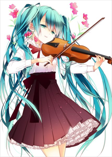 Anime picture 1164x1627 with vocaloid hatsune miku naoto (tulip) single tall image simple background white background twintails very long hair aqua eyes aqua hair girl dress flower (flowers) bow violin