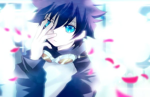 Anime picture 1117x722 with kekkai sensen studio bones leonardo watch kurewa single looking at viewer fringe short hair blue eyes white background purple hair from above dark hair goggles around neck boy petals goggles