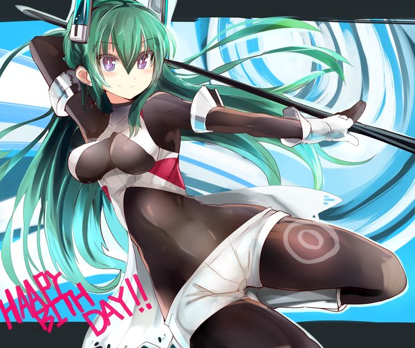 Anime picture 2500x2100 with original menou kaname haik single long hair looking at viewer blush highres light erotic smile purple eyes green hair arms up happy birthday girl gloves hair ornament weapon boots bodysuit
