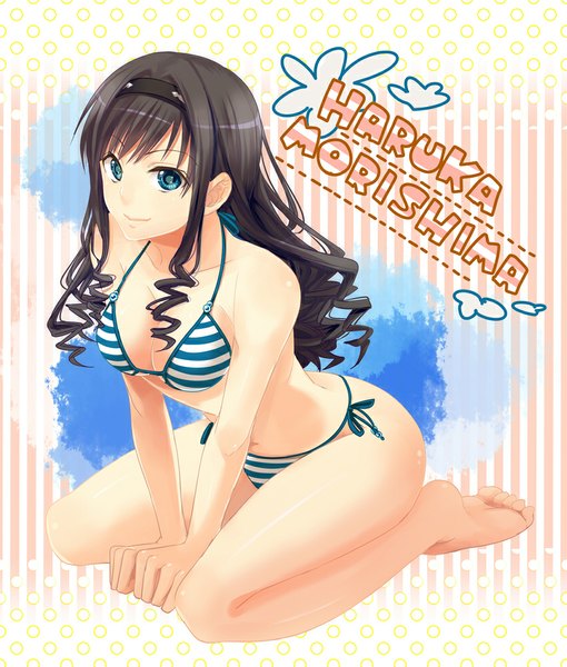 Anime picture 850x1000 with amagami morishima haruka fumi (butakotai) single long hair tall image looking at viewer breasts blue eyes light erotic smile sitting ass barefoot light smile from above inscription bare legs character names drill hair
