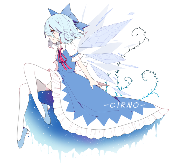 Anime picture 2448x2275 with touhou cirno gla single highres short hair blue eyes simple background white background blue hair looking away full body profile short sleeves puffy sleeves character names frilled dress girl thighhighs dress