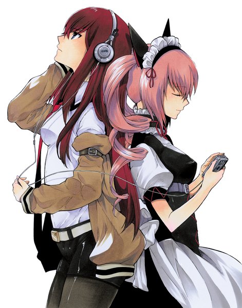 Anime picture 2500x3186 with steins;gate white fox makise kurisu faris nyannyan naruie shinichiro long hair tall image highres blue eyes white background multiple girls animal ears pink hair purple hair eyes closed profile open clothes open jacket maid drill hair