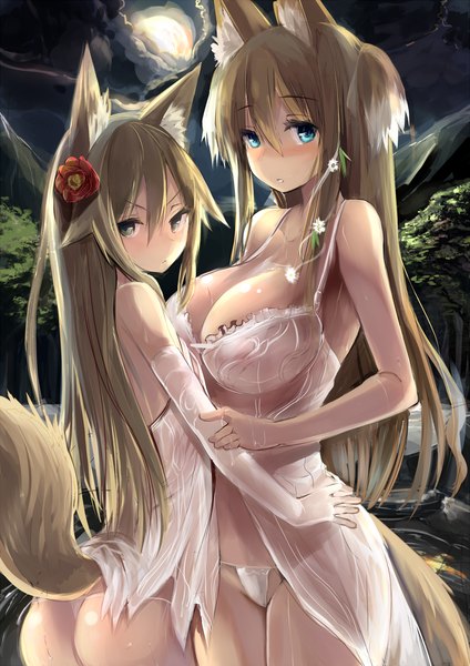 Anime picture 1059x1500 with original haik long hair tall image looking at viewer blush breasts blue eyes light erotic brown hair large breasts multiple girls brown eyes animal ears cloud (clouds) ass tail animal tail night fox ears