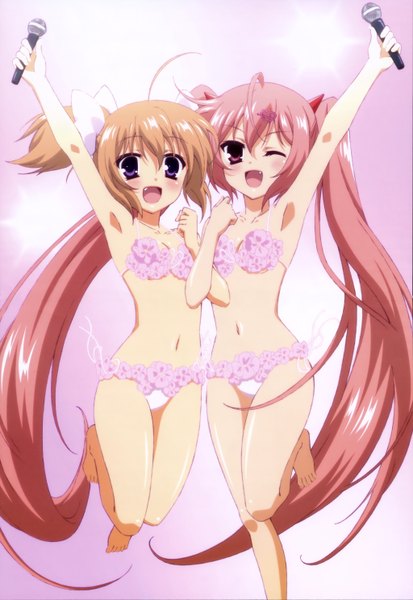 Anime picture 4095x5948 with hidan no aria nyantype kanzaki h aria mamiya akari tagme (artist) tall image blush highres open mouth light erotic blonde hair smile purple eyes twintails multiple girls pink hair absurdres very long hair one eye closed wink
