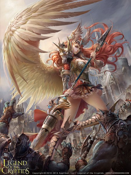 Anime picture 713x950 with legend of the cryptids yu cheng hong tall image breasts holding looking away sky cleavage bent knee (knees) red hair lips from below high heels army girl weapon wings armor spear castle