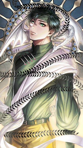 Anime picture 1200x2124 with bbbox (hotpppink) single tall image fringe short hair standing green eyes green hair lips eyebrows fantasy boy belt dragon clothes monocle