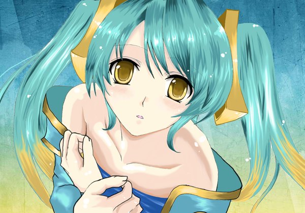 Anime picture 2195x1536 with league of legends sona buvelle luciaitaliana single long hair looking at viewer blush highres open mouth twintails bare shoulders yellow eyes aqua hair girl