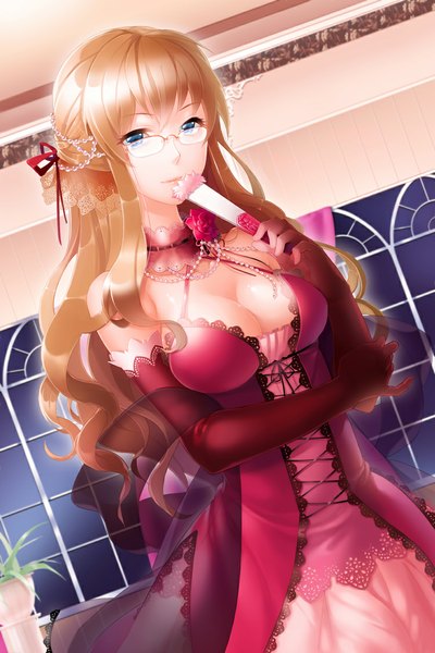Anime picture 750x1125 with sword girls aile (crossroads) single long hair tall image looking at viewer fringe breasts blue eyes smile brown hair large breasts cleavage lips lipstick wavy hair body blush girl dress gloves
