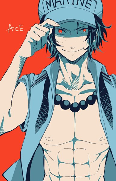 Anime picture 706x1100 with one piece toei animation portgas d. ace mako1124 single tall image looking at viewer simple background smile red eyes nipples open clothes open shirt alternate costume character names red background muscle freckles partially colored boy