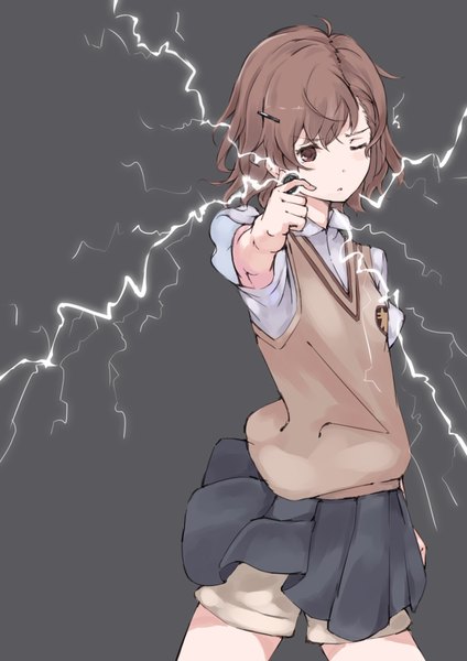 Anime picture 1240x1754 with to aru kagaku no railgun j.c. staff misaka mikoto asterism single tall image looking at viewer simple background brown hair brown eyes one eye closed wink grey background electricity biribiri girl skirt hair ornament miniskirt shirt