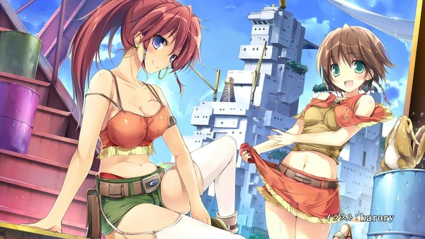 Anime picture 1920x1080 with suisei no gargantia production i.g amy (suisei no gargantia) bellows (suisei no gargantia) karory long hair highres short hair breasts open mouth blue eyes light erotic brown hair wide image multiple girls green eyes ponytail red hair midriff end card