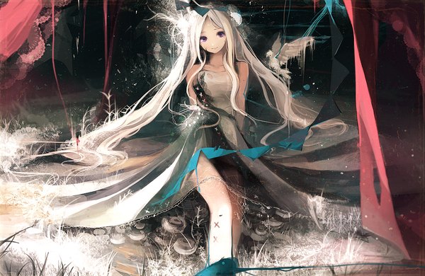 Anime picture 1000x651 with original asahiro single long hair looking at viewer sitting purple eyes white hair light smile hands behind back girl dress ribbon (ribbons) plant (plants) hair ribbon animal bird (birds) grass spider web