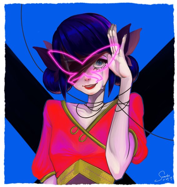 Anime picture 1280x1353 with miraculous ladybug marinette cheng ladybug (character) sorarts single tall image blush breasts blue eyes smile signed blue hair head tilt lips short sleeves hair bun (hair buns) lipstick tears dated red lipstick