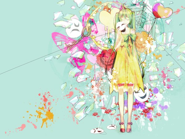 Anime picture 1228x921 with vocaloid hitorigoto suicchi (vocaloid) hatsune miku vient single long hair twintails ahoge eyes closed green hair wallpaper sad girl flower (flowers) heart insect butterfly mask sundress balloon