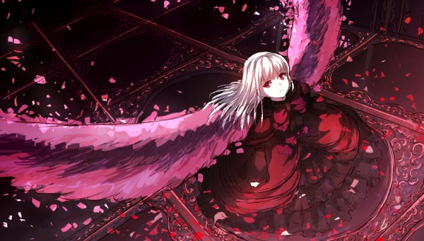 Anime picture 1400x796 with k-project gohands (studio) kushina anna pkq single long hair looking at viewer red eyes wide image silver hair from above wide sleeves dutch angle girl dress bow wings frills red dress