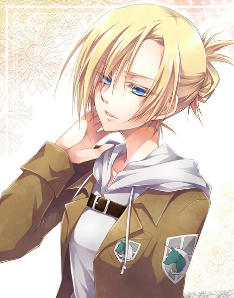 Anime picture 786x1000 with shingeki no kyojin production i.g annie leonhart ueno tsuki single tall image short hair blue eyes blonde hair looking away open clothes open jacket girl jacket