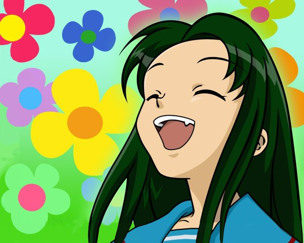 Anime picture 1280x1024 with suzumiya haruhi no yuutsu kyoto animation tsuruya green hair teeth fang (fangs) close-up vector girl flower (flowers)