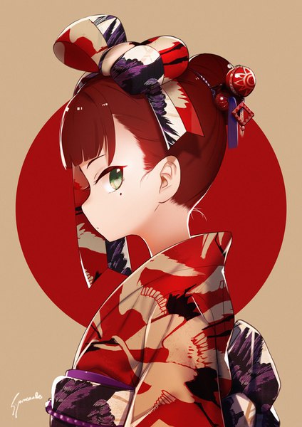 Anime picture 707x1000 with wixoss anne (wixoss) shamonabe (pypyworks) single tall image looking at viewer fringe short hair brown hair green eyes signed upper body blunt bangs traditional clothes japanese clothes profile mole hair bun (hair buns) mole under eye portrait