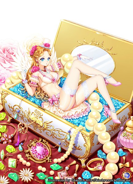 Anime picture 636x879 with original shainea single long hair tall image blush breasts blue eyes light erotic blonde hair large breasts bare shoulders signed bent knee (knees) parted lips arm up hair flower bare belly midriff crossed legs