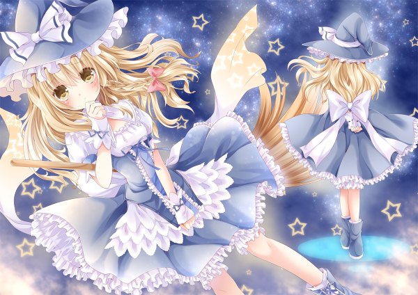 Anime picture 1200x848 with touhou kirisame marisa nogi takayoshi long hair looking at viewer blush blonde hair yellow eyes witch dual persona girl dress bow hair bow frills star (symbol) witch hat broom