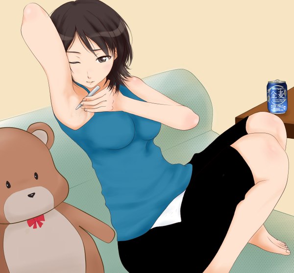 Anime picture 1400x1300 with amagami takahashi maya coroske (artist) single short hair black hair one eye closed wink black eyes armpit (armpits) girl teddy bear